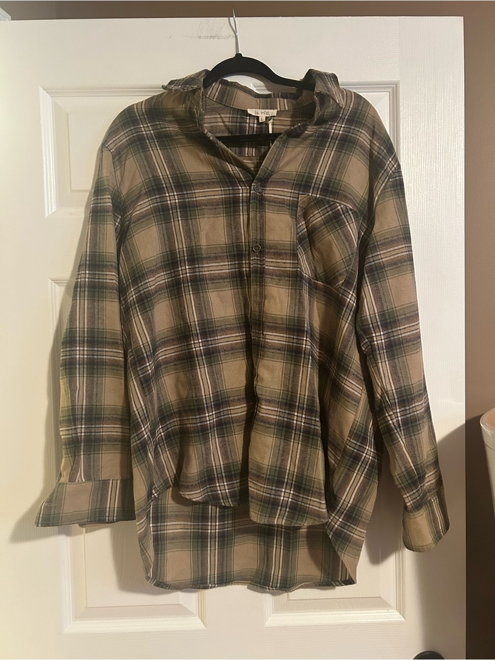 LA MIEL Olive Green and Cream Plaid Button-Up Shirt